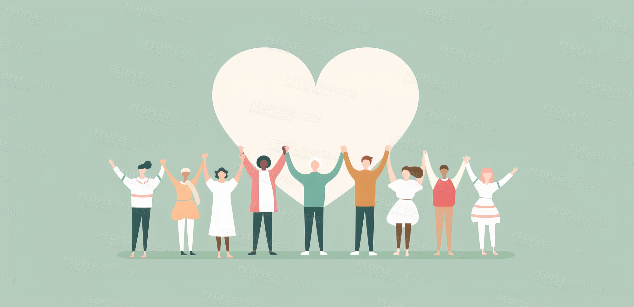 Buy stock photo Charity, artwork and illustration of cartoon people standing together with a heart for support, relief and donations. Closeup, mockup and awareness poster or banner for background, wallpaper and design