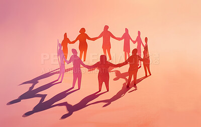 Charity, artwork and cardboard cutout people standing together for support, mental health group and donations. Closeup, mockup and awareness poster or banner for background, wallpaper and design