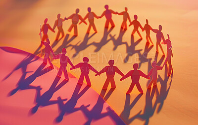 Charity, artwork and cardboard cutout people standing together for support, mental health group and donations. Closeup, mockup and awareness poster or banner for background, wallpaper and design