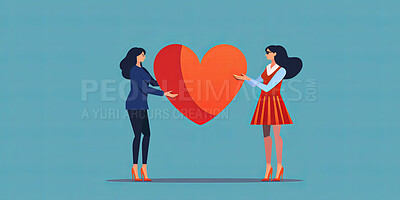 Charity, artwork and illustration of cartoon woman giving a heart or love for support, relief and donations. Closeup, mockup and awareness poster or banner for background, wallpaper and design