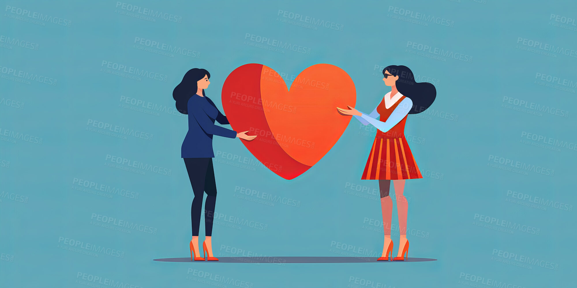 Buy stock photo Charity, artwork and illustration of cartoon woman giving a heart or love for support, relief and donations. Closeup, mockup and awareness poster or banner for background, wallpaper and design