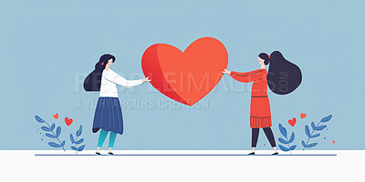 Charity, artwork and illustration of cartoon woman giving a heart or love for support, relief and donations. Closeup, mockup and awareness poster or banner for background, wallpaper and design