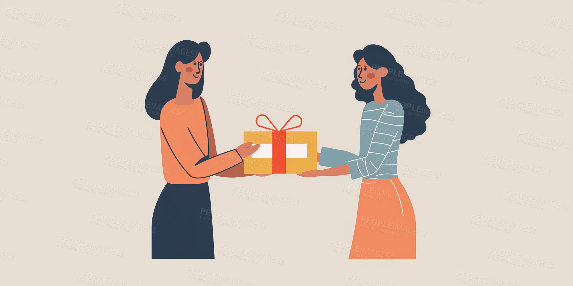 Buy stock photo Charity, artwork and illustration of cartoon women donating a parcel for support, relief and donations. Humanitarian, mockup and awareness poster or banner for background, wallpaper or digital design