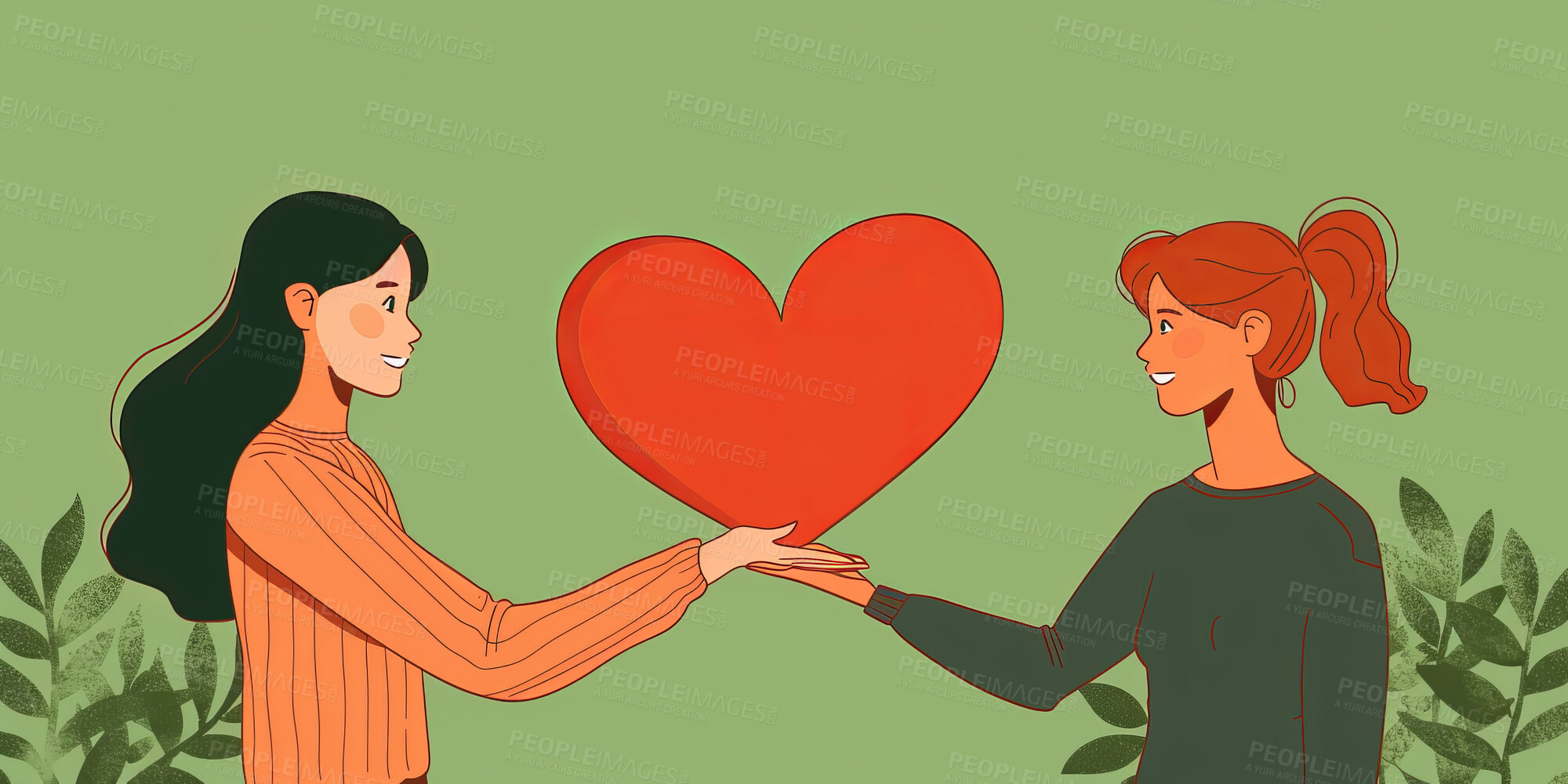 Buy stock photo Charity, artwork and illustration of cartoon woman giving a heart or love for support, relief and donations. Closeup, mockup and awareness poster or banner for background, wallpaper and design