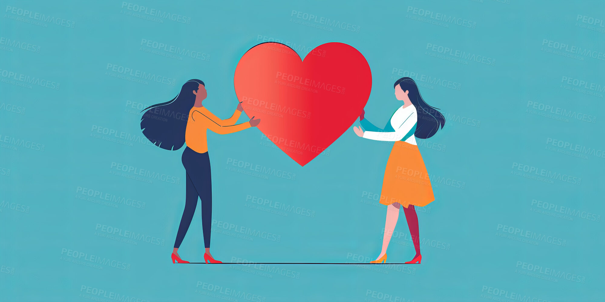 Buy stock photo Charity, artwork and illustration of cartoon woman giving a heart or love for support, relief and donations. Closeup, mockup and awareness poster or banner for background, wallpaper and design