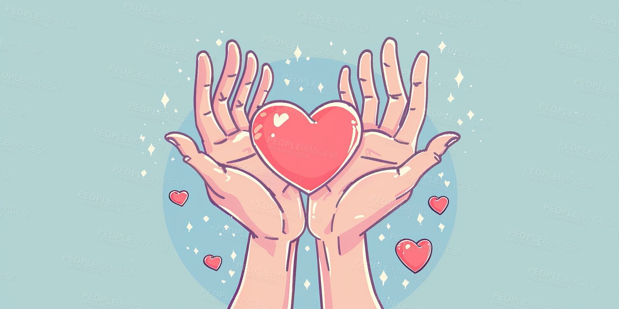 Buy stock photo Charity, artwork and illustration of colourful hand holding a heart for support, relief and donations. Closeup, mockup and awareness poster or banner for background, wallpaper and digital design