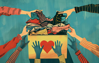 Charity, artwork and illustration of colourful hand donating clothes to poor for support, relief and donations. Box, mockup and awareness poster or banner for background, wallpaper and digital design