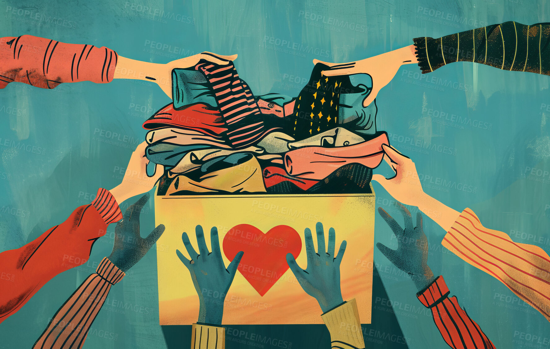 Buy stock photo Charity, artwork and illustration of colourful hand donating clothes to poor for support, relief and donations. Box, mockup and awareness poster or banner for background, wallpaper and digital design