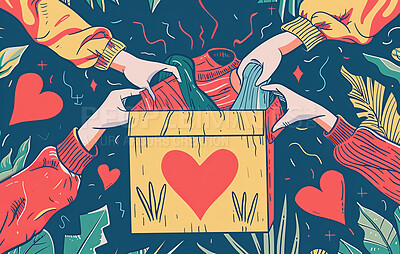 Charity, artwork and illustration of colourful hand donating clothes to poor for support, relief and donations. Box, mockup and awareness poster or banner for background, wallpaper and digital design