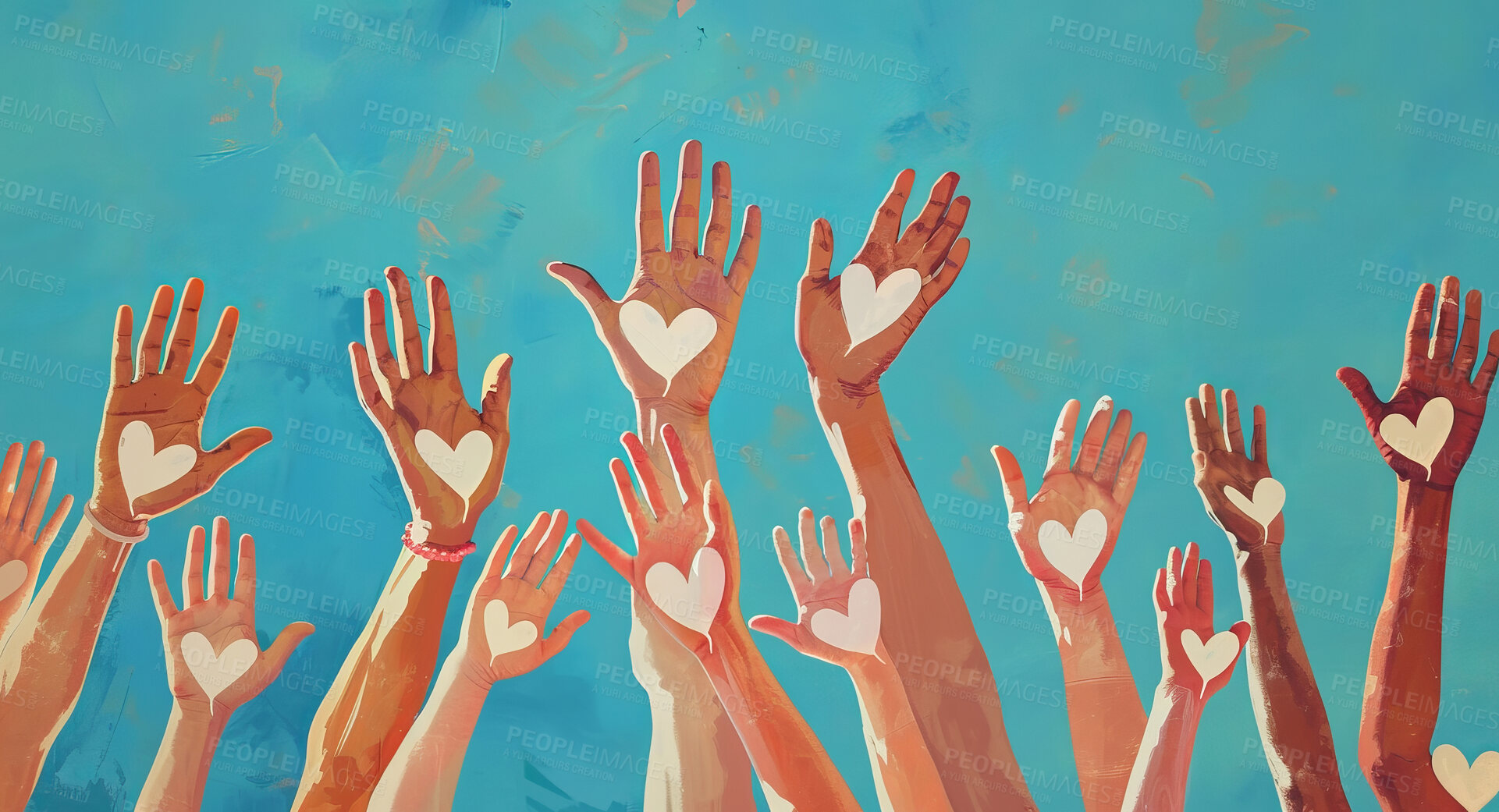 Buy stock photo Charity, artwork and illustration of colourful hands holding a heart for support, relief and donations. Closeup, mockup and awareness poster or banner for background, wallpaper and digital design