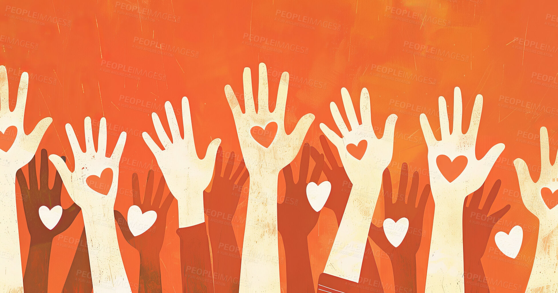 Buy stock photo Charity, artwork and illustration of colourful hands holding a heart for support, relief and donations. Closeup, mockup and awareness poster or banner for background, wallpaper and digital design