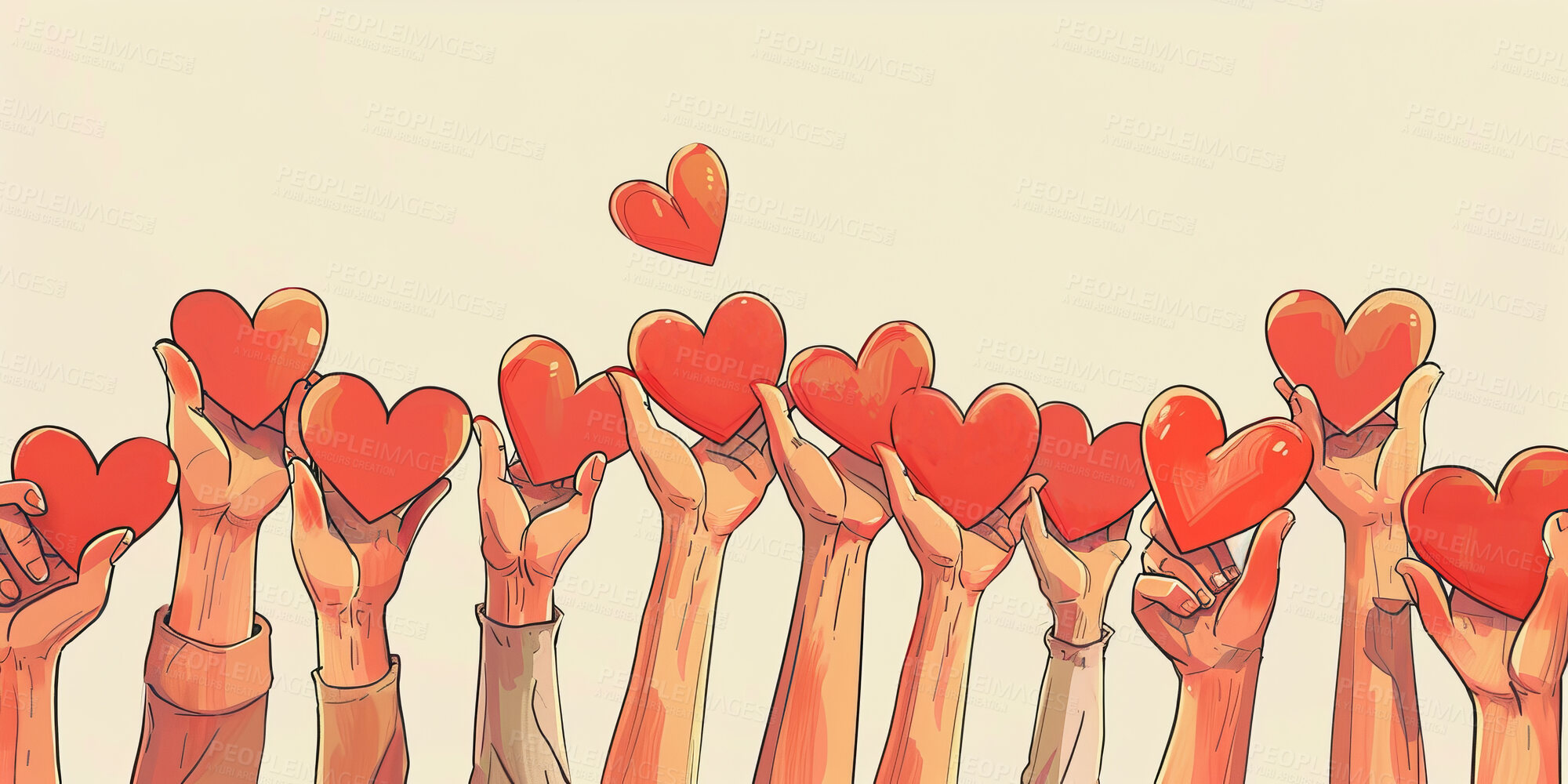 Buy stock photo Charity, artwork and illustration of colourful hands holding a heart for support, relief and donations. Closeup, mockup and awareness poster or banner for background, wallpaper and digital design