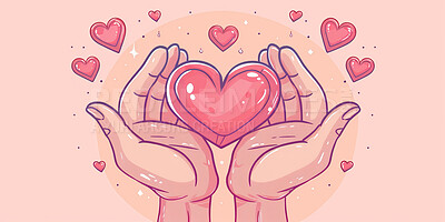 Charity, artwork and illustration of colourful hand holding a heart for support, relief and donations. Closeup, mockup and awareness poster or banner for background, wallpaper and digital design