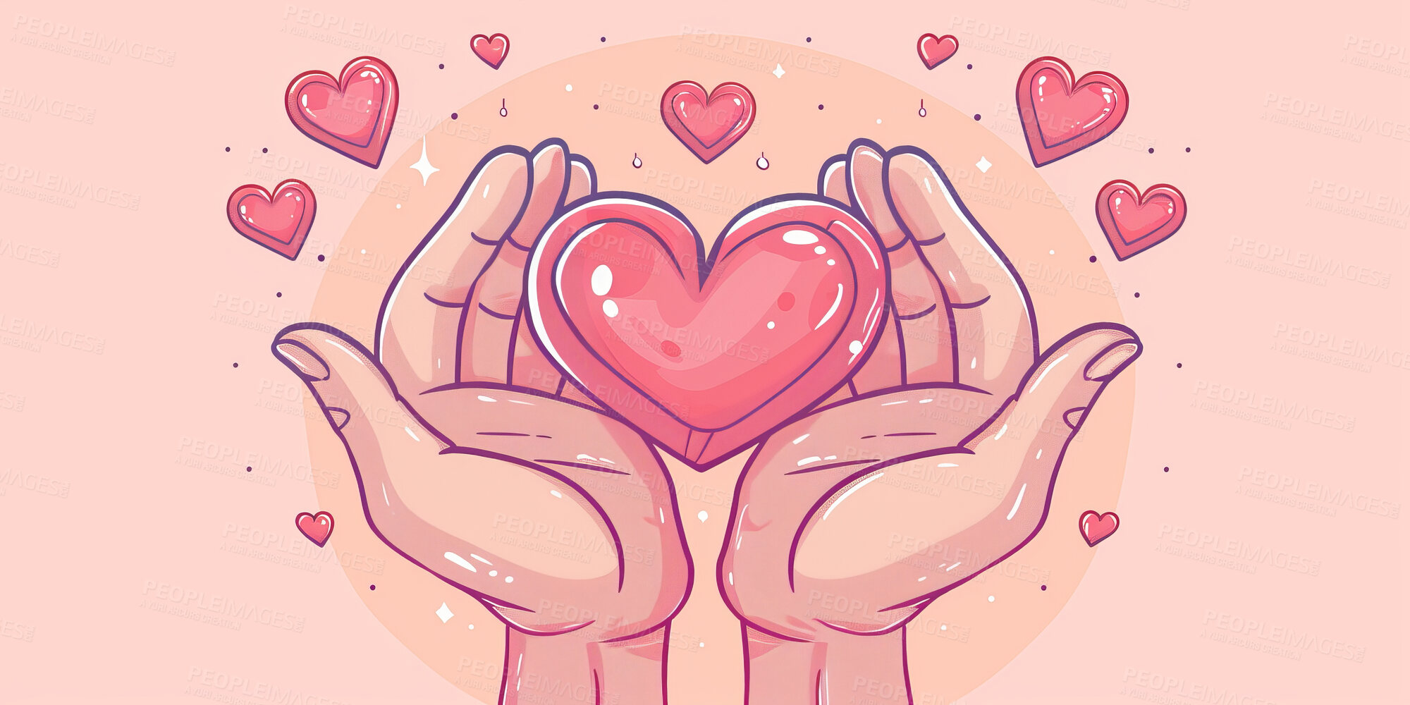 Buy stock photo Charity, artwork and illustration of colourful hand holding a heart for support, relief and donations. Closeup, mockup and awareness poster or banner for background, wallpaper and digital design