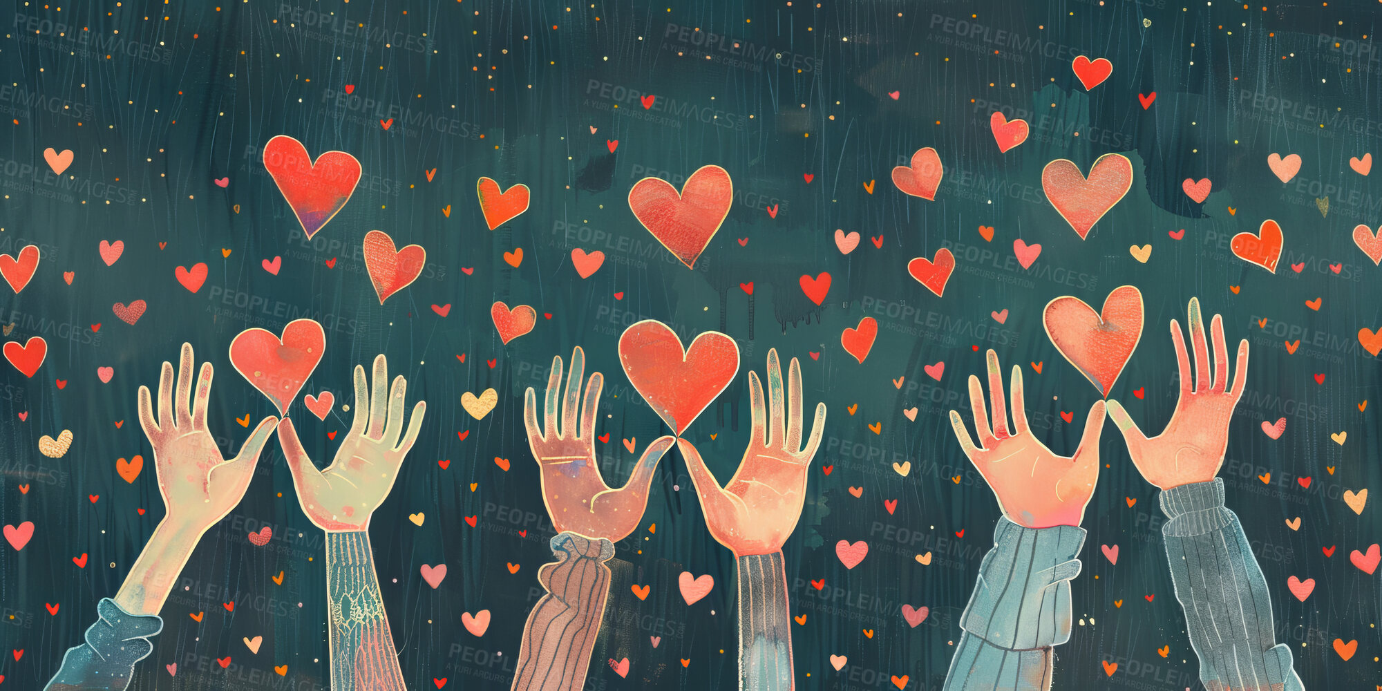 Buy stock photo Charity, artwork and illustration of colourful hands holding a heart for support, relief and donations. Closeup, mockup and awareness poster or banner for background, wallpaper and digital design