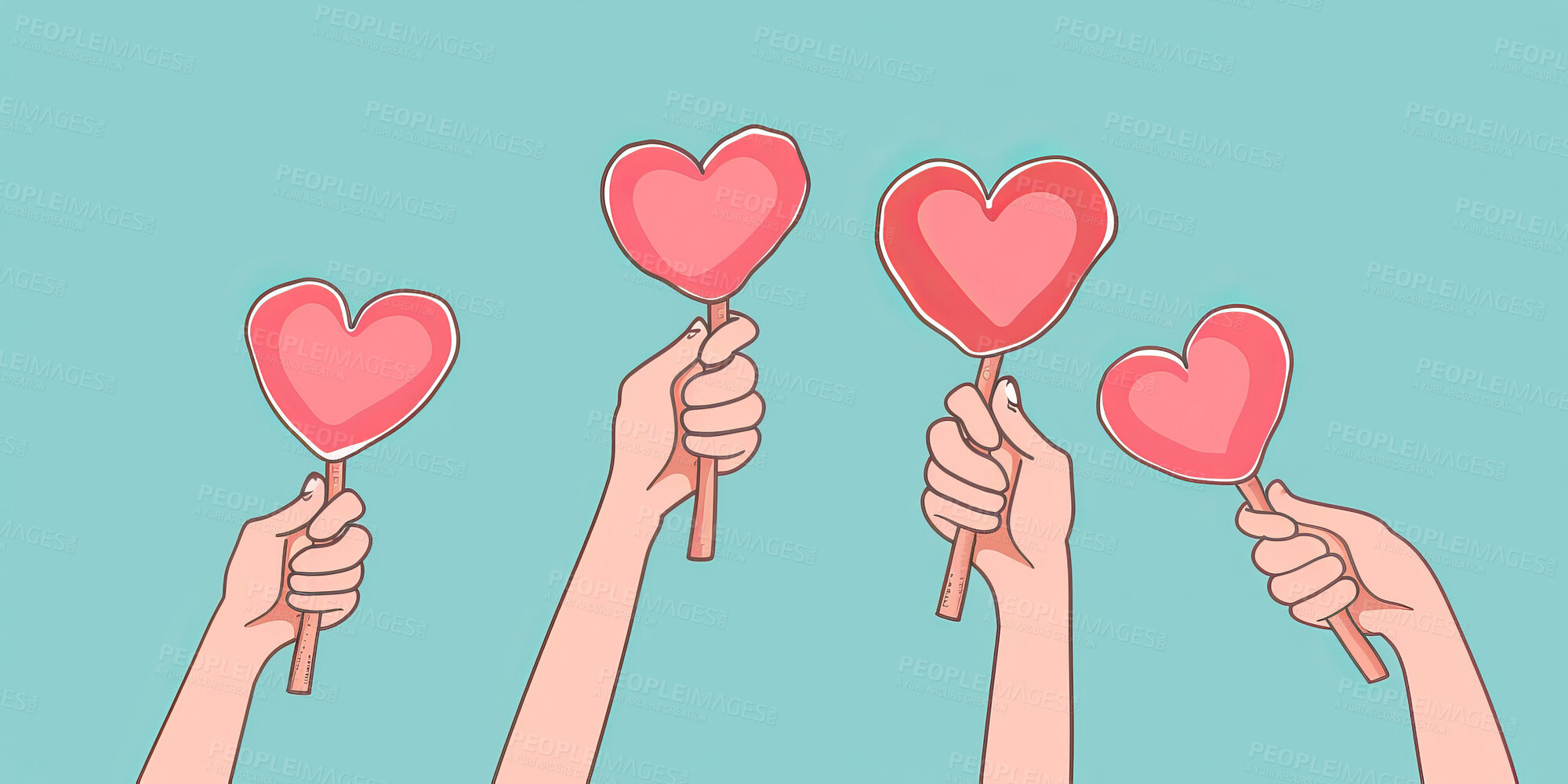 Buy stock photo Charity, artwork and illustration of colourful hands holding a heart for support, relief and donations. Closeup, mockup and awareness poster or banner for background, wallpaper and digital design