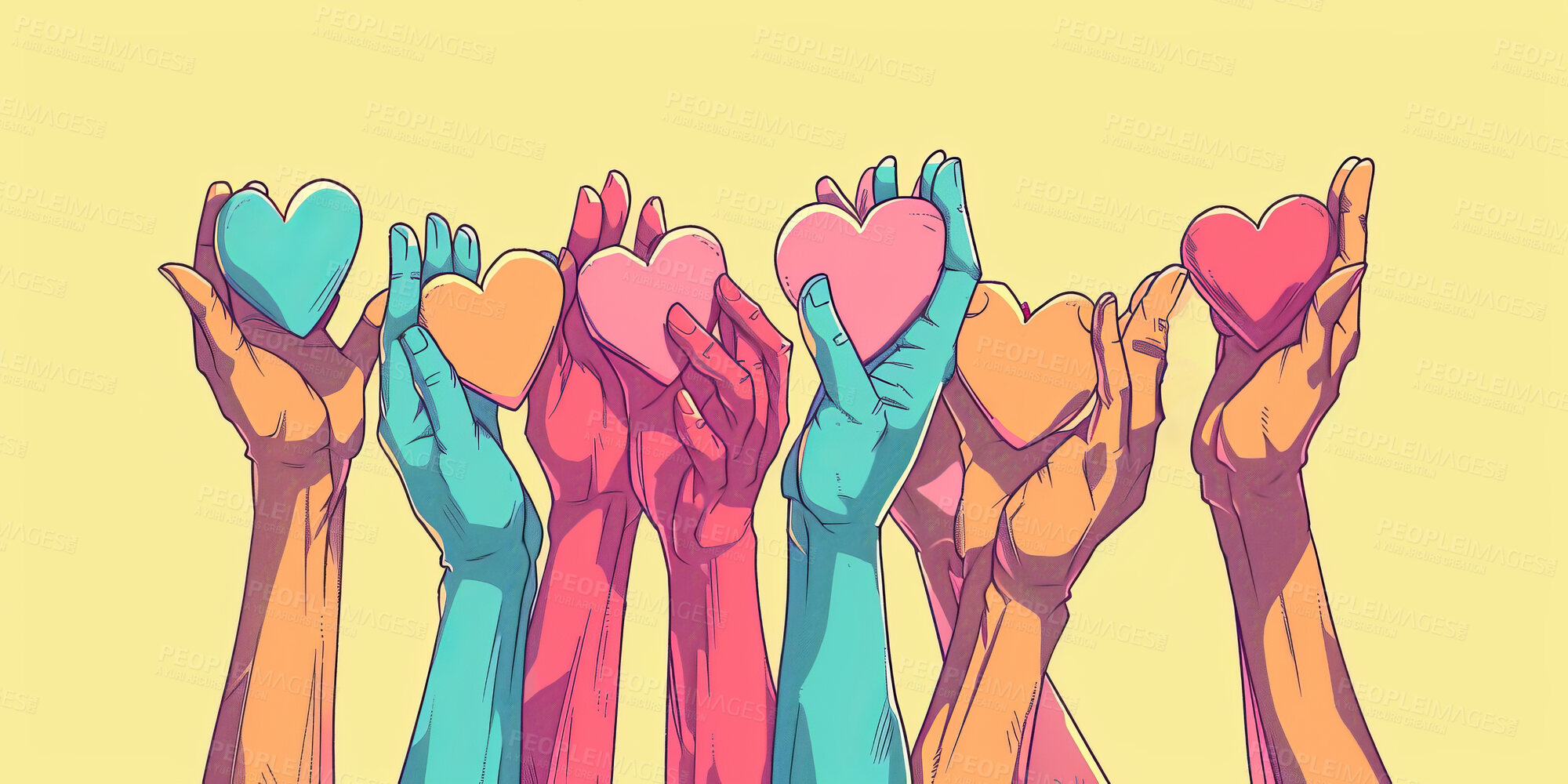 Buy stock photo Charity, artwork and illustration of colourful hands holding a heart for support, relief and donations. Closeup, mockup and awareness poster or banner for background, wallpaper and digital design