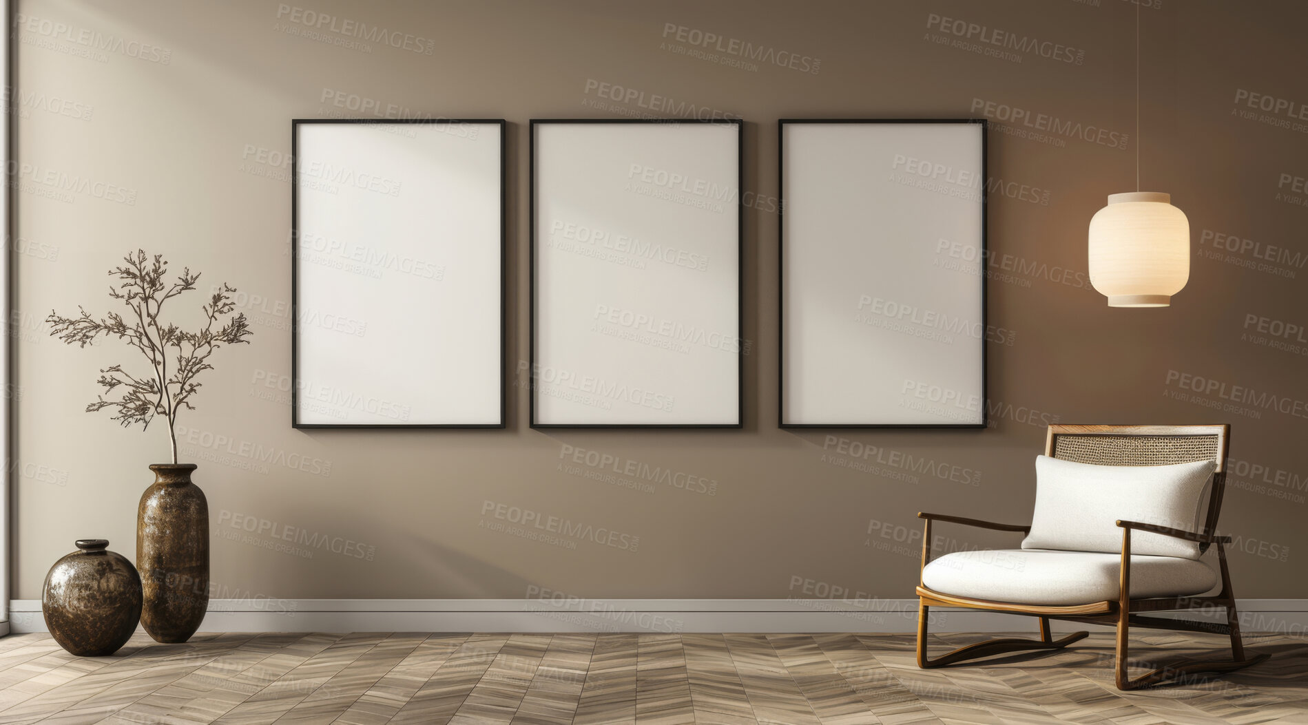 Buy stock photo Living room, chair and home interior design with blank wall for apartment design and lifestyle. Cozy, modern and luxury furniture mockup space for art or frame for ideas and architecture inspiration