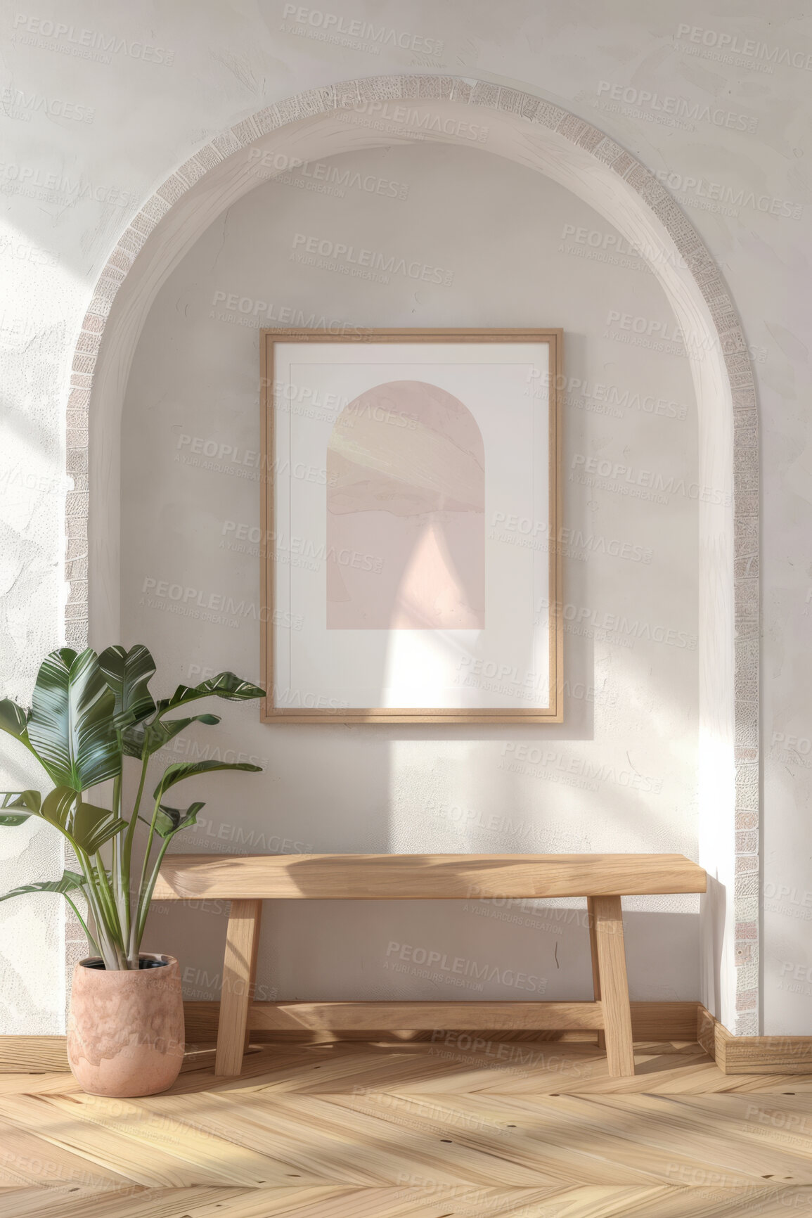 Buy stock photo Modern gallery, bench and home interior design with natural light for apartment, hotel and home. Bright, clean and stylish arch with white wall for exhibition and display area indoor decoration