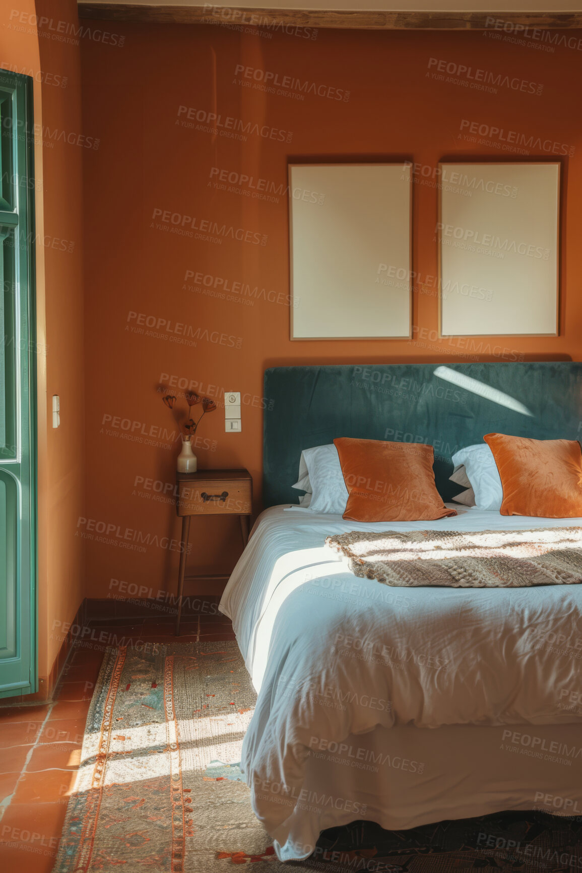 Buy stock photo Modern, home and bedroom interior in African style for ideas, inspiration and apartment design. Elegant, cozy and boho room with natural colours and mockup for architecture, lifestyle and house