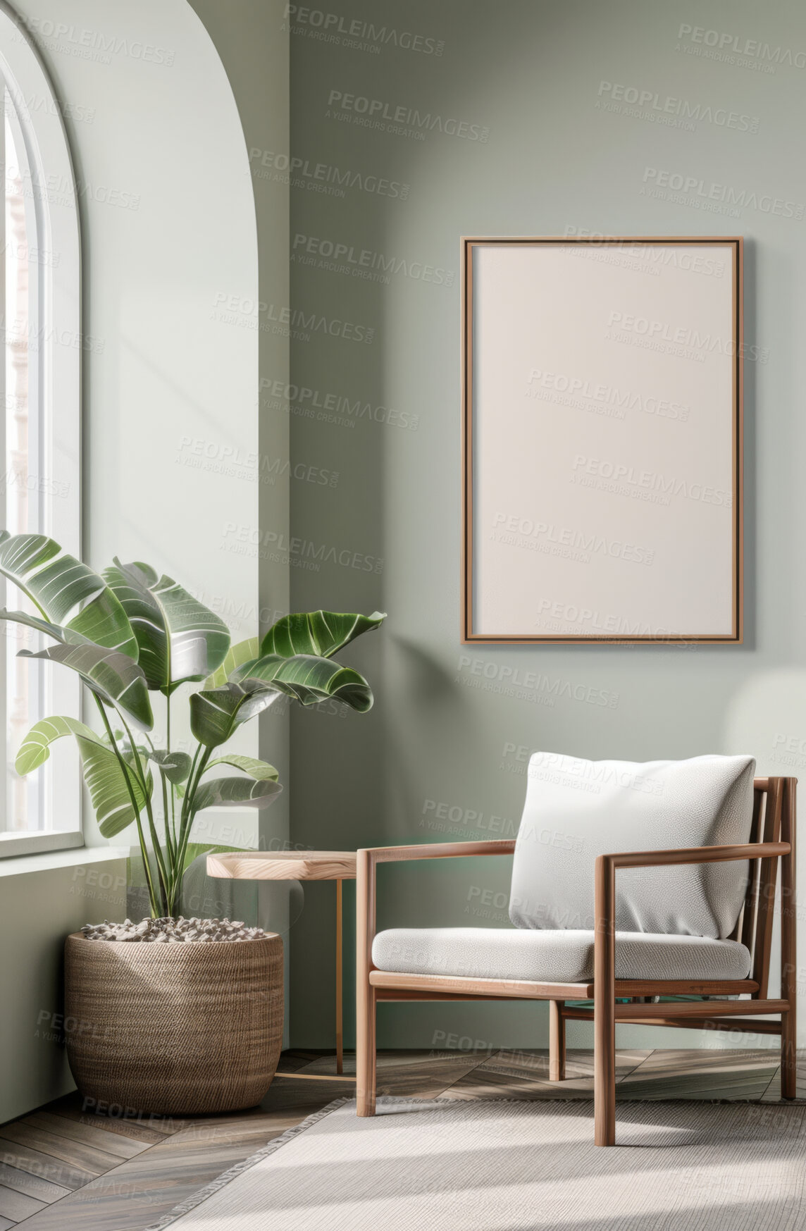 Buy stock photo Living room, chair and home interior design with blank wall for apartment design and lifestyle. Cozy, modern and luxury furniture mockup space for art or frame for ideas and architecture inspiration