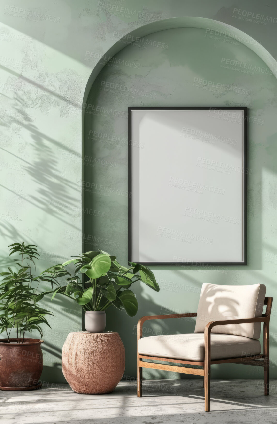 Buy stock photo Living room, chair and home interior design with blank wall for apartment design and lifestyle. Cozy, modern and luxury furniture mockup space for art or frame for ideas and architecture inspiration