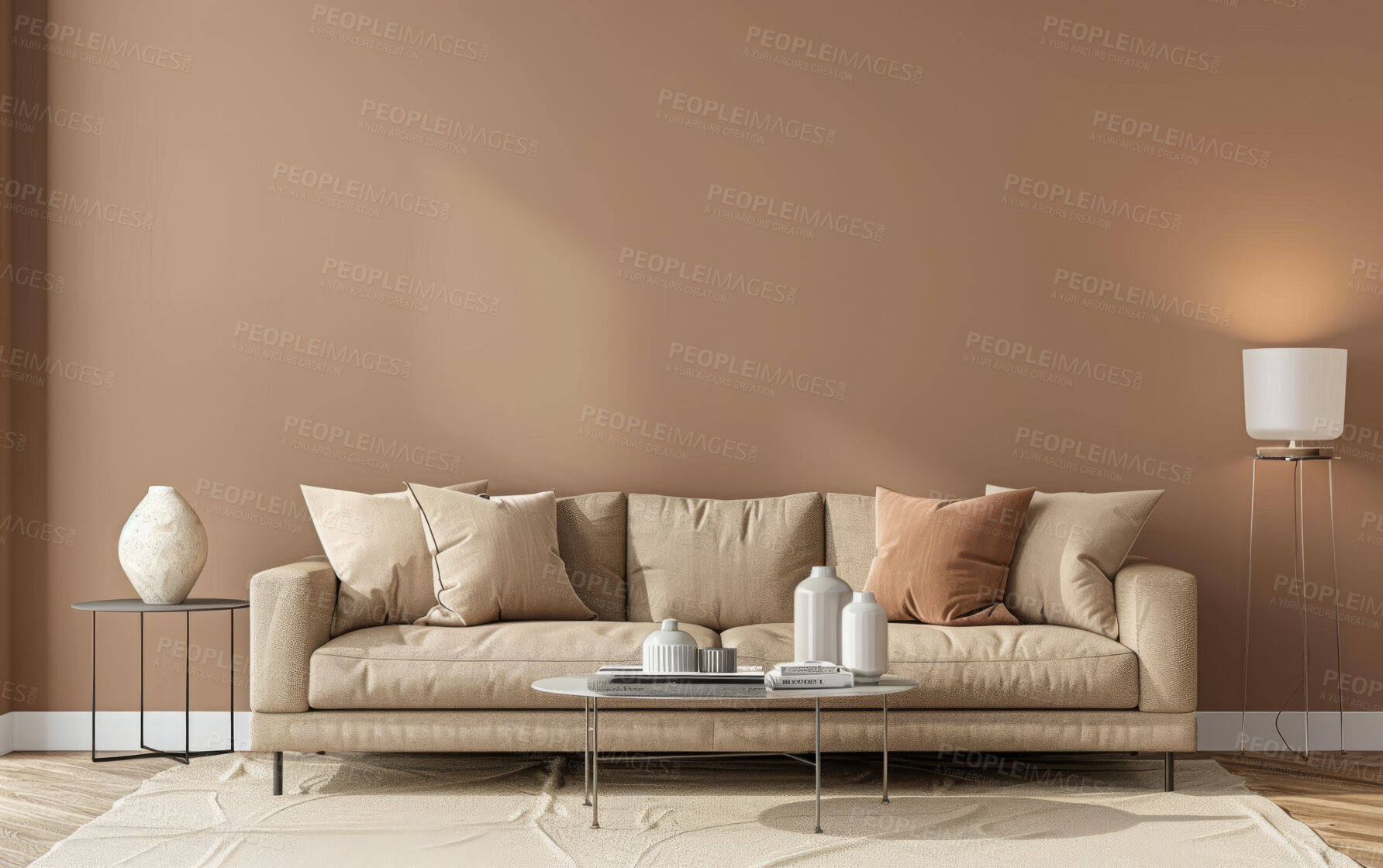 Buy stock photo Living room, couch and home interior design with blank wall for apartment design and lifestyle. Cozy, modern and luxury furniture mockup space for art or frame for ideas and architecture inspiration