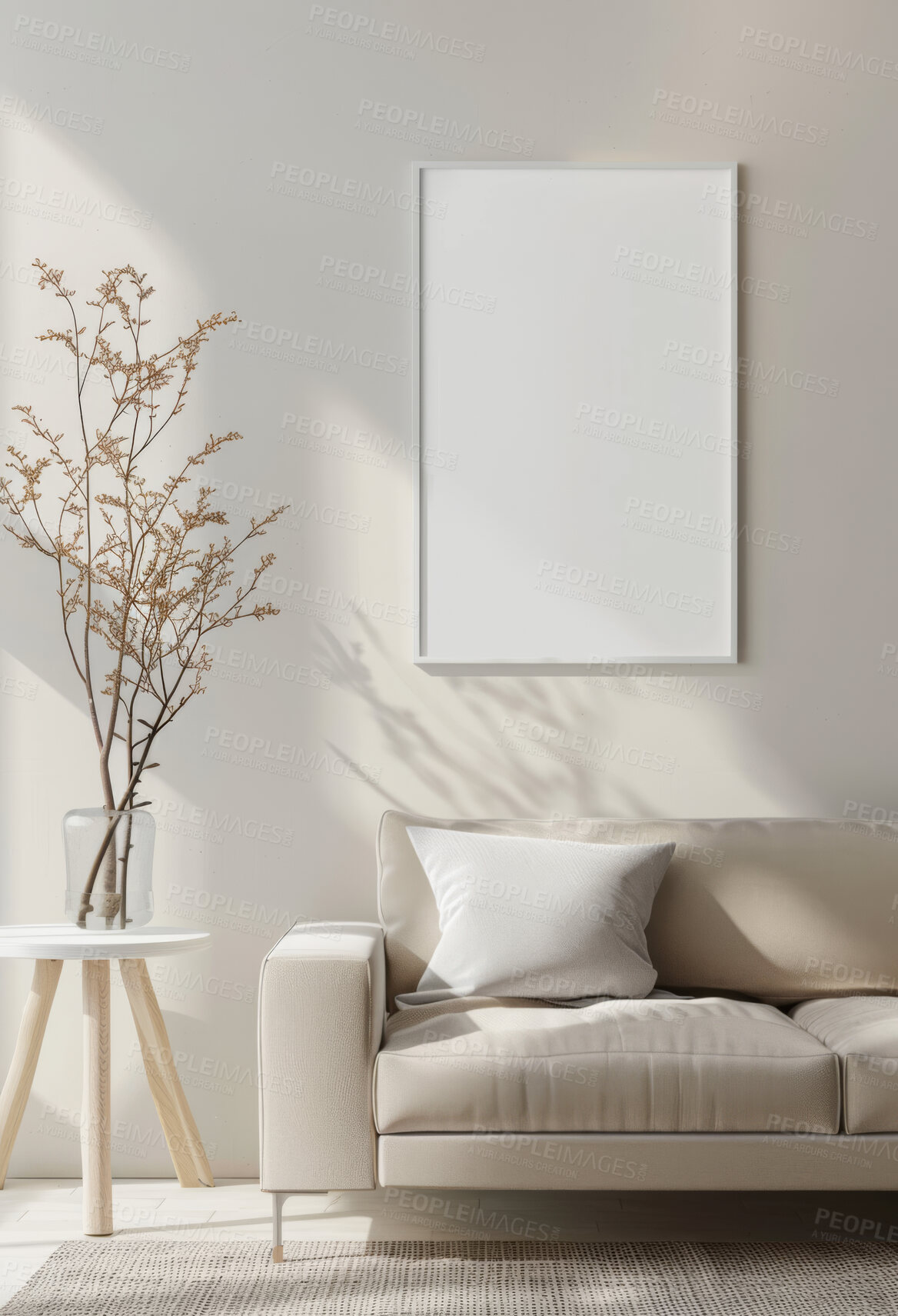 Buy stock photo Living room, couch and home interior design with blank wall for apartment design and lifestyle. Cozy, modern and luxury furniture mockup space for art or frame for ideas and architecture inspiration