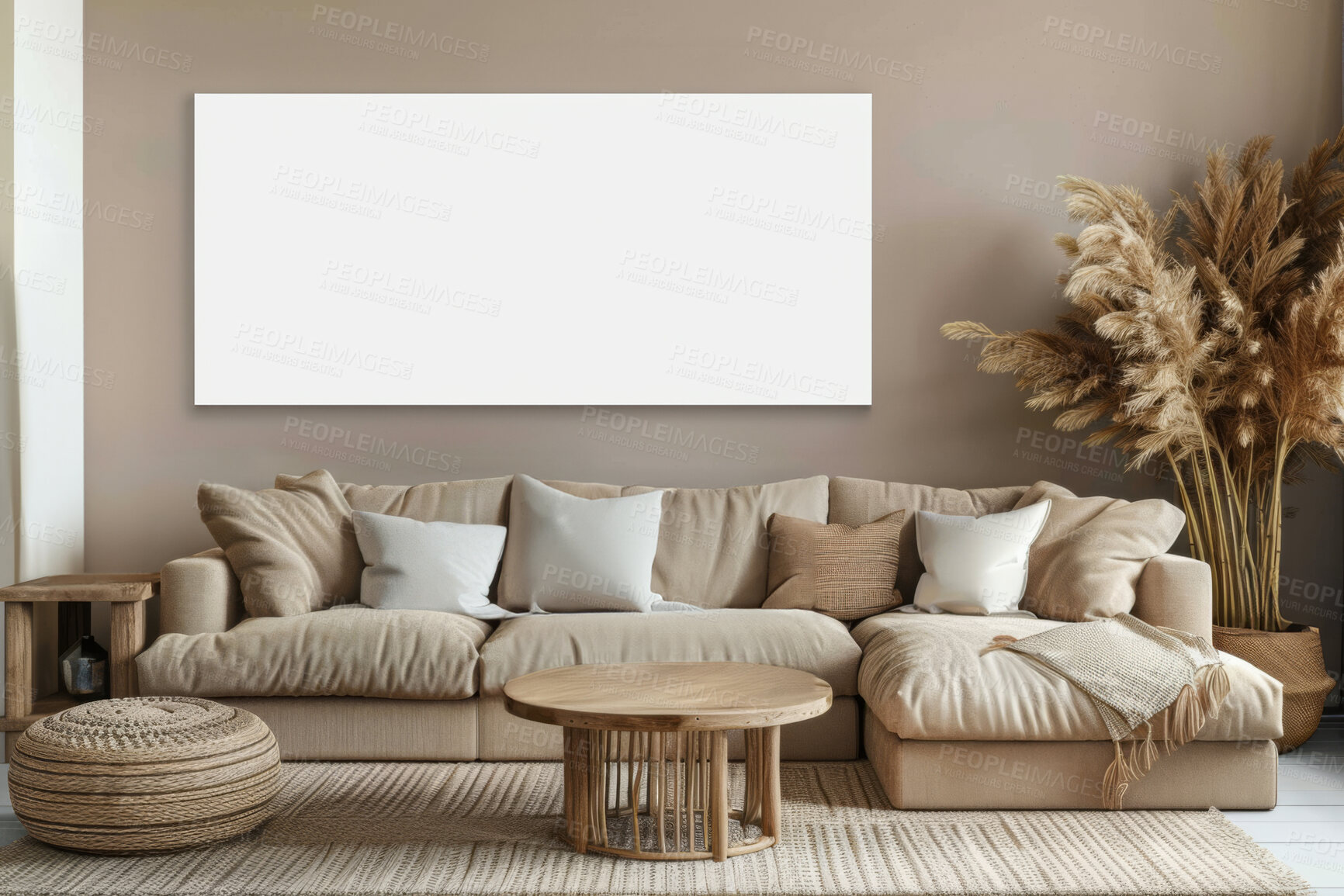 Buy stock photo Living room, couch and home interior design with blank wall for apartment design and lifestyle. Cozy, modern and luxury furniture mockup space for art or frame for ideas and architecture inspiration