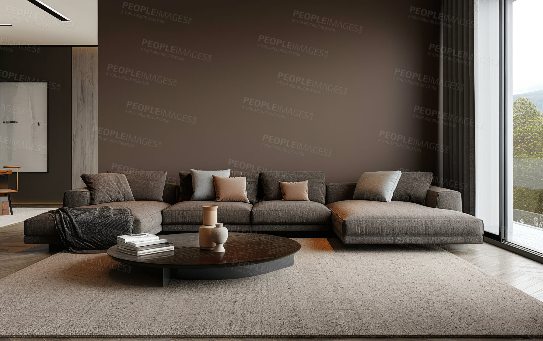 Buy stock photo Living room, couch and home interior design with blank wall for apartment design and lifestyle. Cozy, modern and luxury furniture mockup space for art or frame for ideas and architecture inspiration