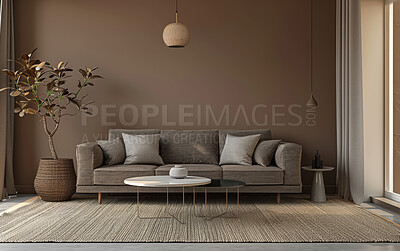 Living room, couch and home interior design with blank wall for apartment design and lifestyle. Cozy, modern and luxury furniture mockup space for art or frame for ideas and architecture inspiration