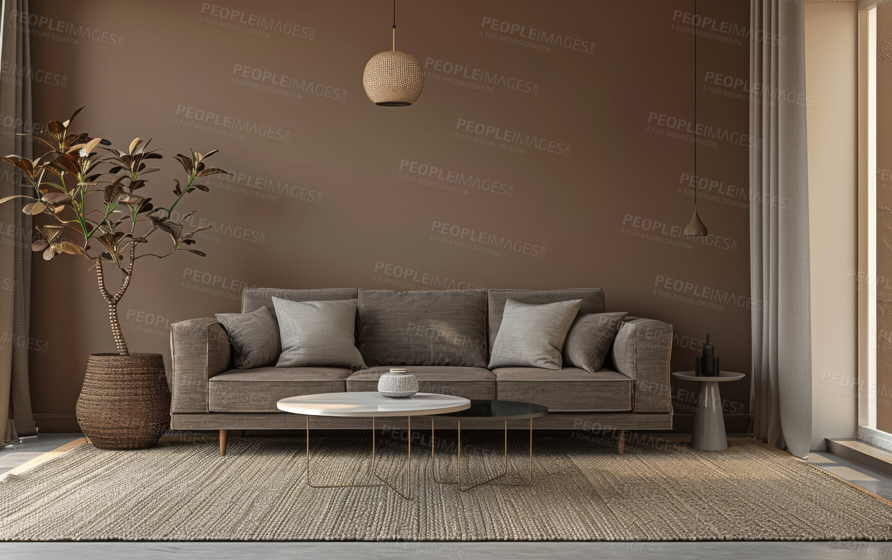 Buy stock photo Living room, couch and home interior design with blank wall for apartment design and lifestyle. Cozy, modern and luxury furniture mockup space for art or frame for ideas and architecture inspiration