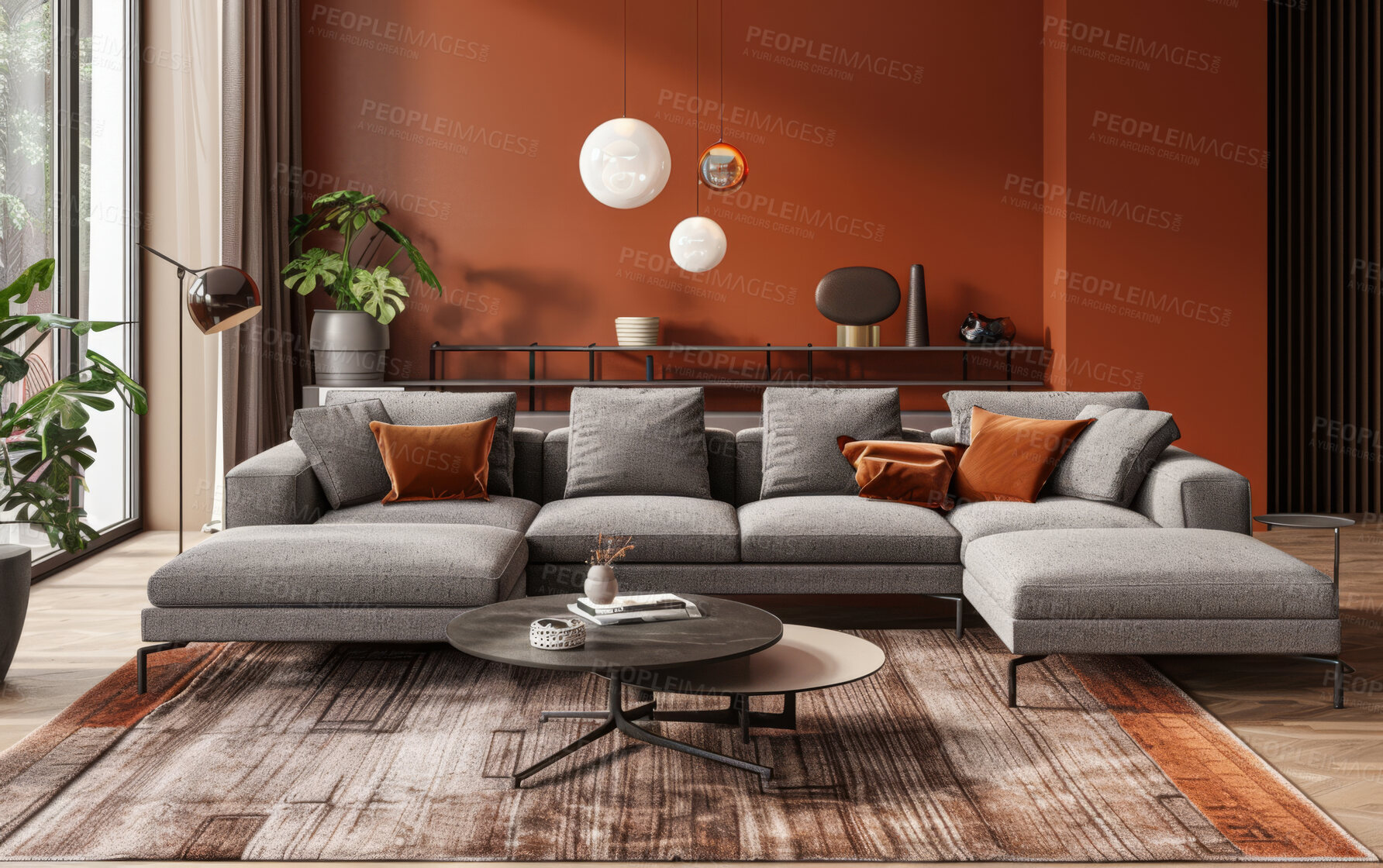 Buy stock photo Living room, couch and home interior design with blank wall for apartment design and lifestyle. Cozy, modern and luxury furniture mockup space for art or frame for ideas and architecture inspiration