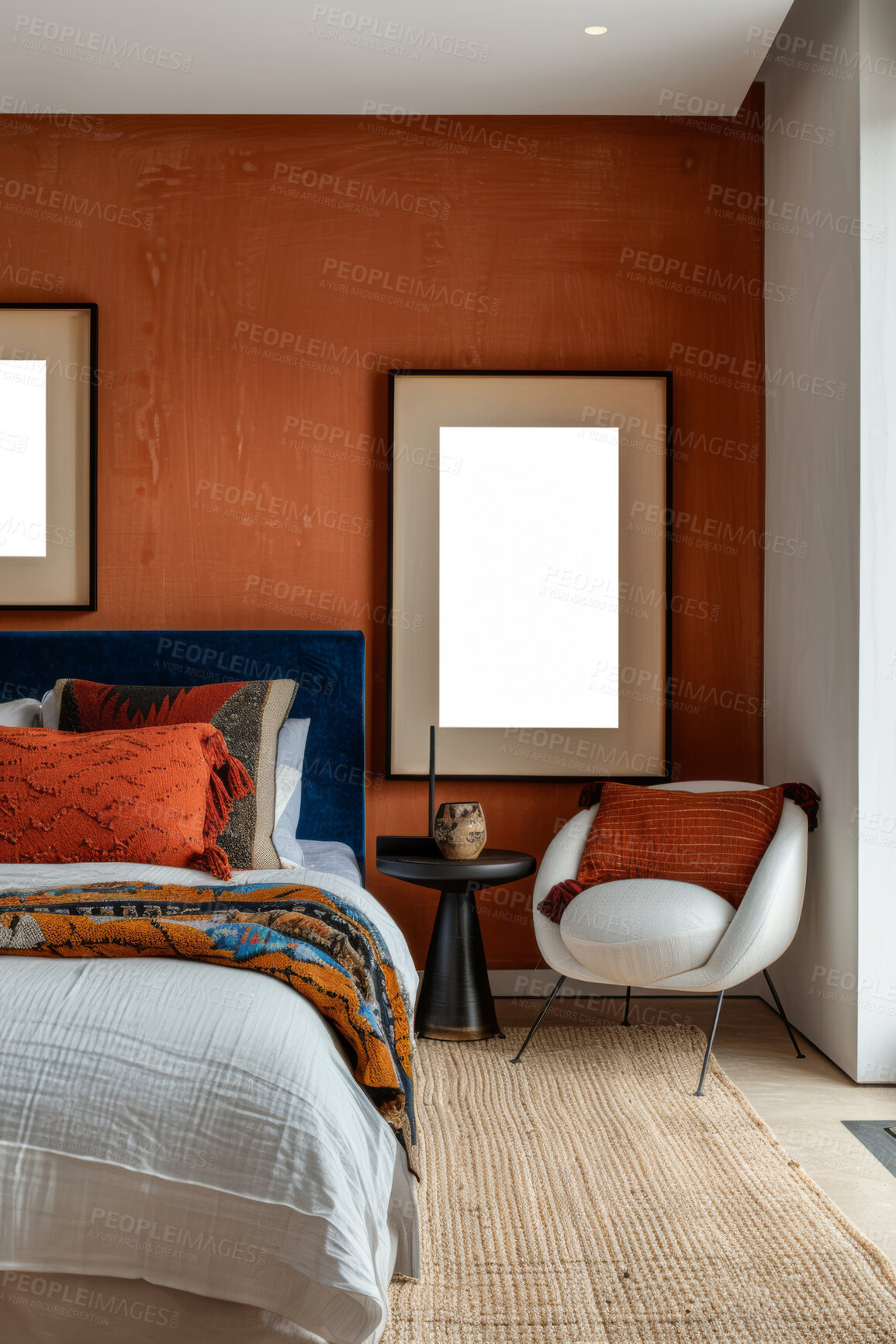 Buy stock photo Modern, home and bedroom interior in African style for ideas, inspiration and apartment design. Elegant, cozy and boho room with natural colours and mockup for architecture, lifestyle and house