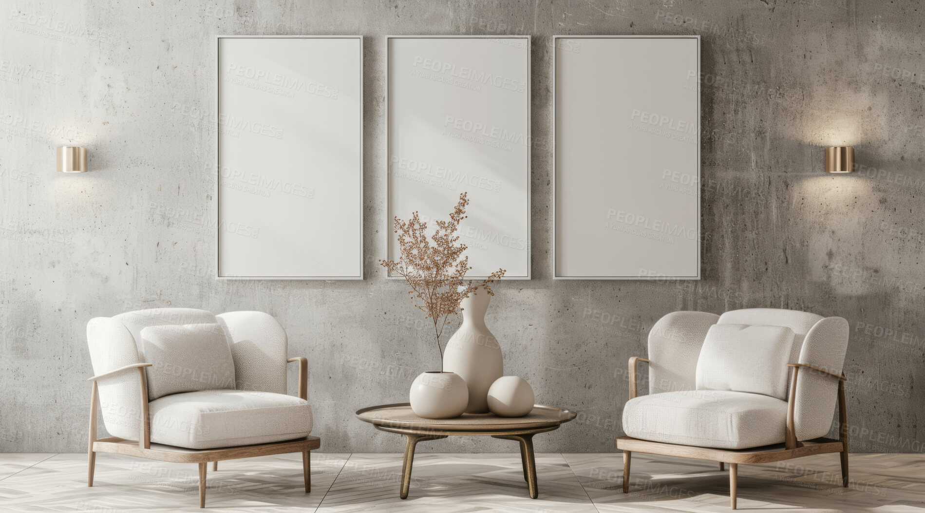 Buy stock photo Living room, chair and home interior design with blank wall for apartment design and lifestyle. Cozy, modern and luxury furniture mockup space for art or frame for ideas and architecture inspiration