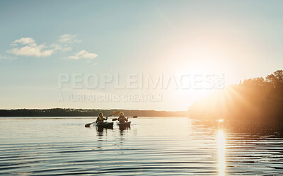 Buy stock photo Couple, kayak and boat on lake outdoor for sports adventure or nature travel trip. Man and woman together for sunrise workout, morning relaxation and rowing on river or water on holiday or vacation