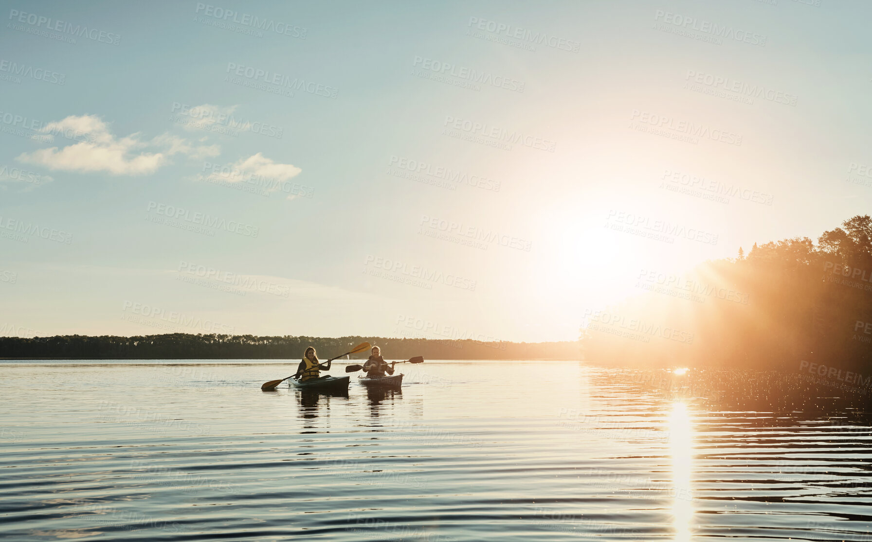 Buy stock photo Couple, kayak and boat on lake outdoor for sports adventure or nature travel trip. Man and woman together for sunrise workout, morning relaxation and rowing on river or water on holiday or vacation