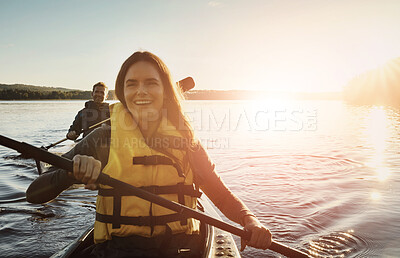 Buy stock photo Woman, man and kayak at lake, happy and adventure with mockup space for holiday, fitness and sunrise. People, couple and smile with boat, rowing and morning for vacation with water sports in Italy