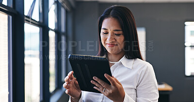 Happy asian woman, tablet and research in networking, social media or communication at office. Face of female person or employee smile with technology for online chatting or texting at workplace
