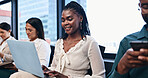 Laptop, smile and black woman employee in workshop or seminar for growth, training and development. Computer, learning and upskill with happy young business person in office for education conference