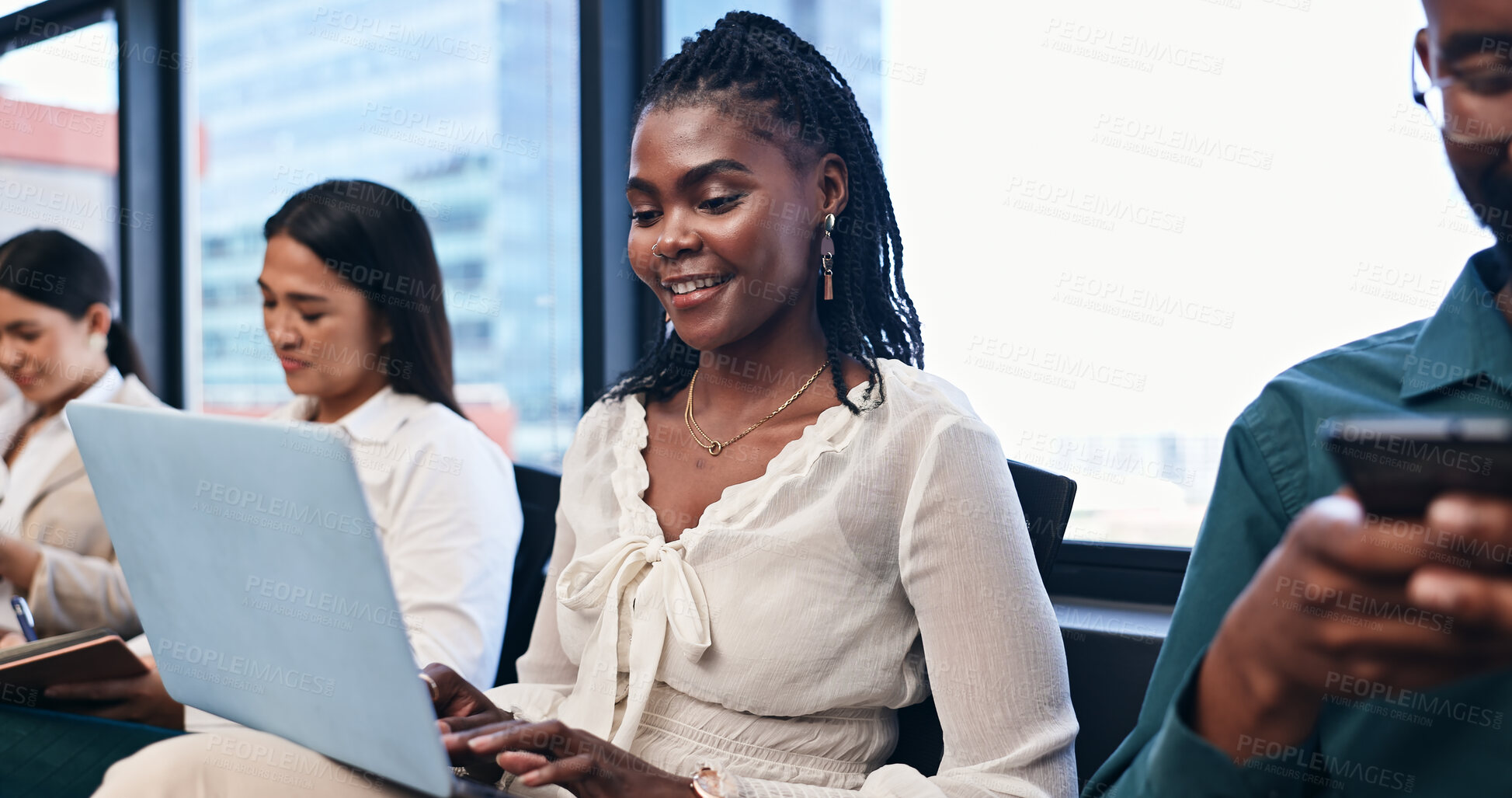 Buy stock photo Laptop, smile and black woman employee in workshop or seminar for growth, training and development. Computer, learning and upskill with happy young business person in office for education conference