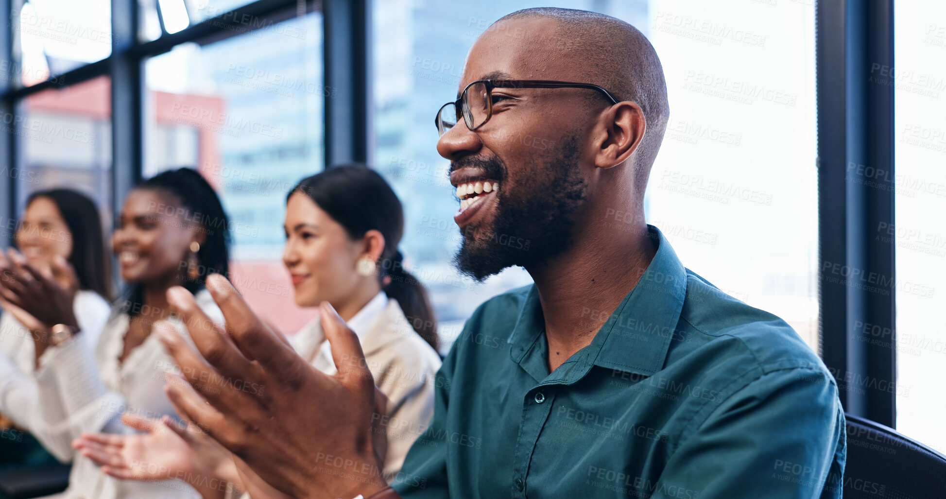 Buy stock photo Businessman, team and applause in presentation for success with support, happiness and celebration in office. Conference, employees and audience clapping hands for promotion, welcome and achievement