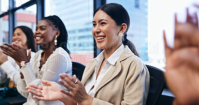 Buy stock photo Business people, woman and applause in presentation for success with support, happy and celebration in office. Teamwork, employees and audience clapping hands for promotion, welcome and achievement