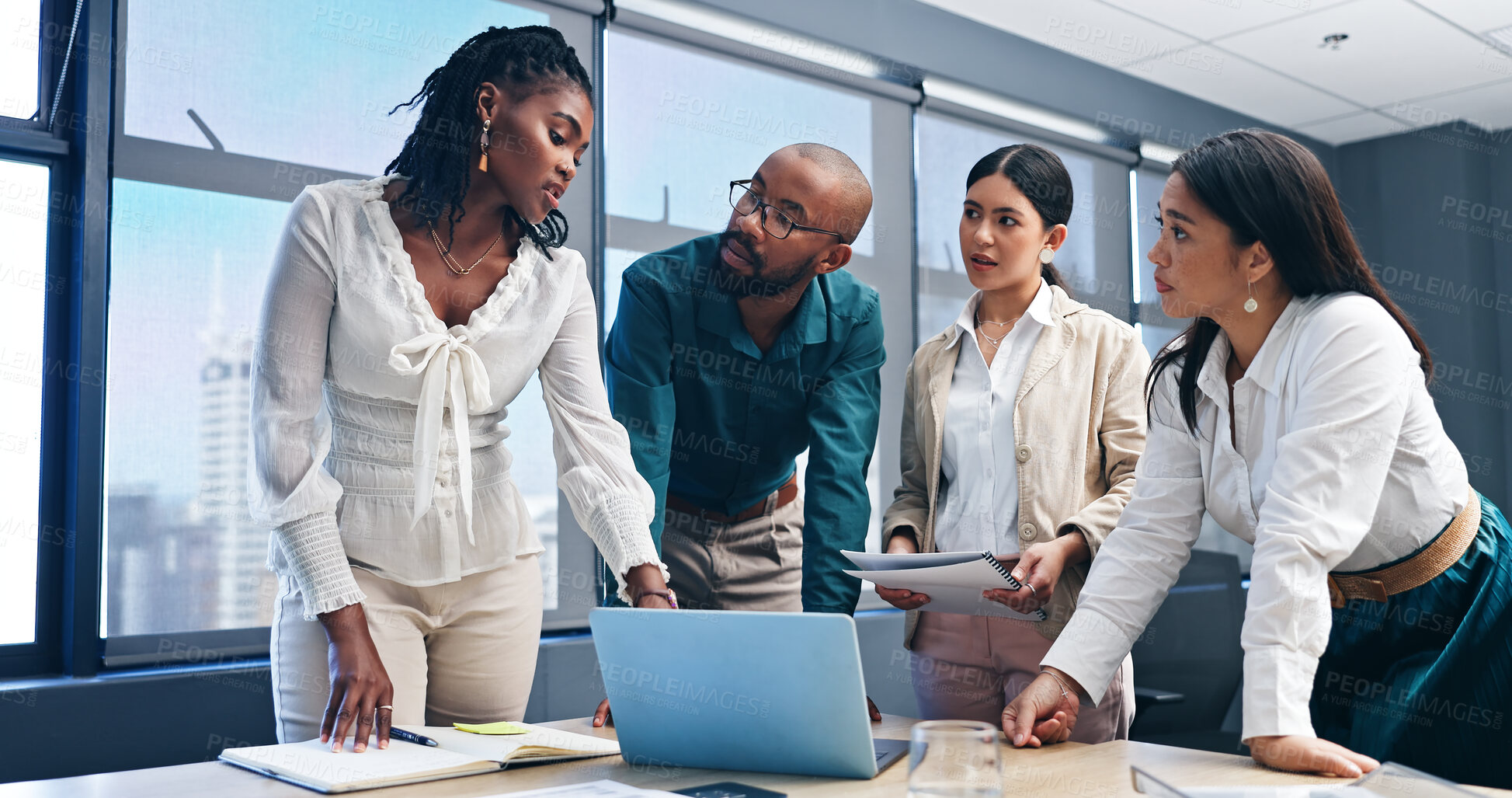 Buy stock photo Business people, teamwork and laptop in meeting for planning, brainstorming and social media project at agency. Corporate employees, discuss and group with paperwork, report and strategy for job.