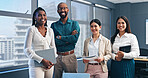 Happy, office and coworkers standing, business workshop or seminar for growth and  training development. Technology, notebooks and learning with company employee, conference for corporate team 