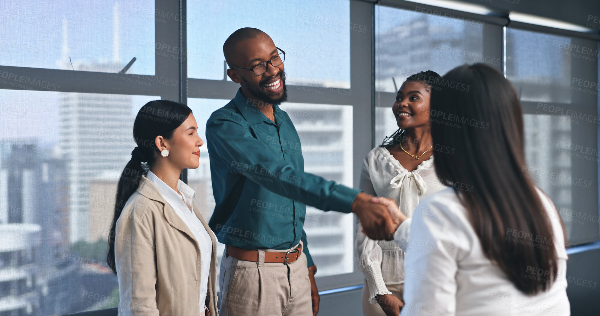 Buy stock photo Business people, team and handshake for success on partnership, onboarding or promotion with happiness. Congratulations, employee or shaking hands for welcome, hiring or agreement on recruitment deal