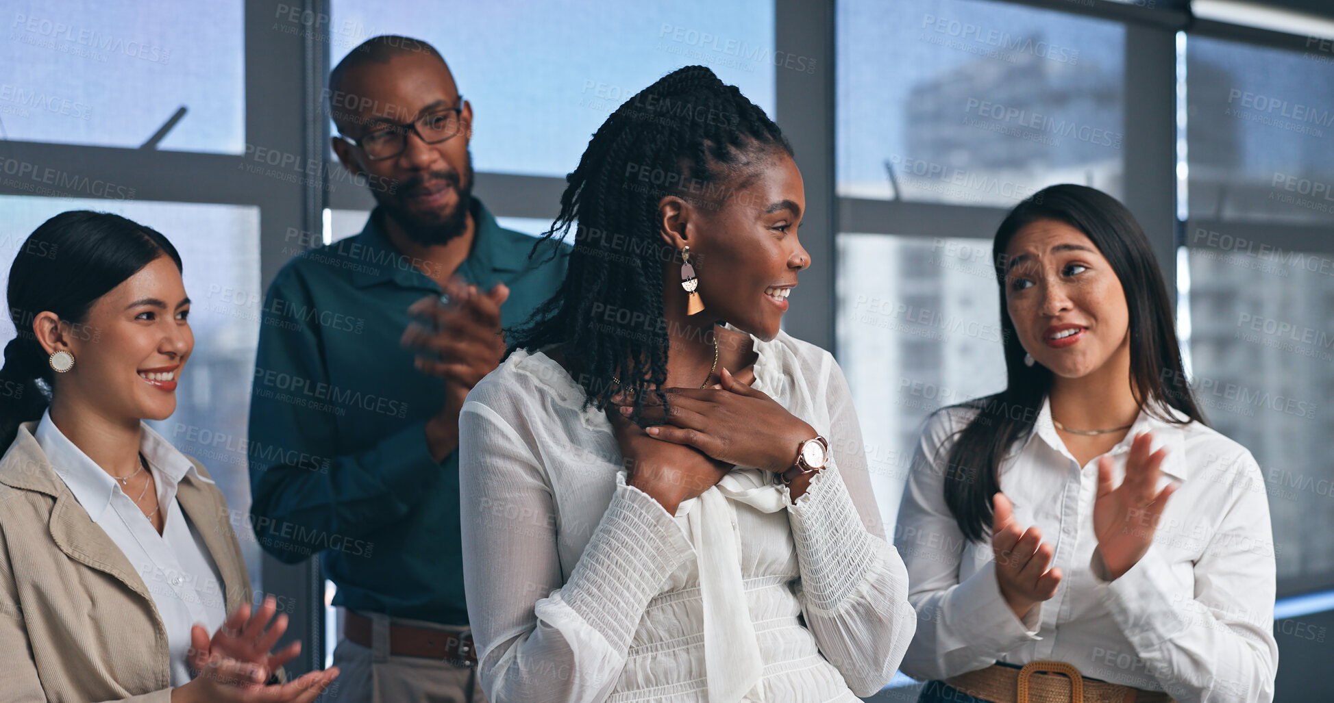 Buy stock photo Business people, team and applause for success on partnership, onboarding and promotion with support. Celebration, employees and clapping hands for welcome, thank you and agreement on contract deal