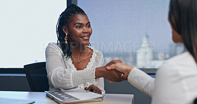 Business woman, job interview and handshake for Human Resources meeting, welcome and thank you in office. Professional people or clients shaking hands for recruitment, opportunity and hiring deal