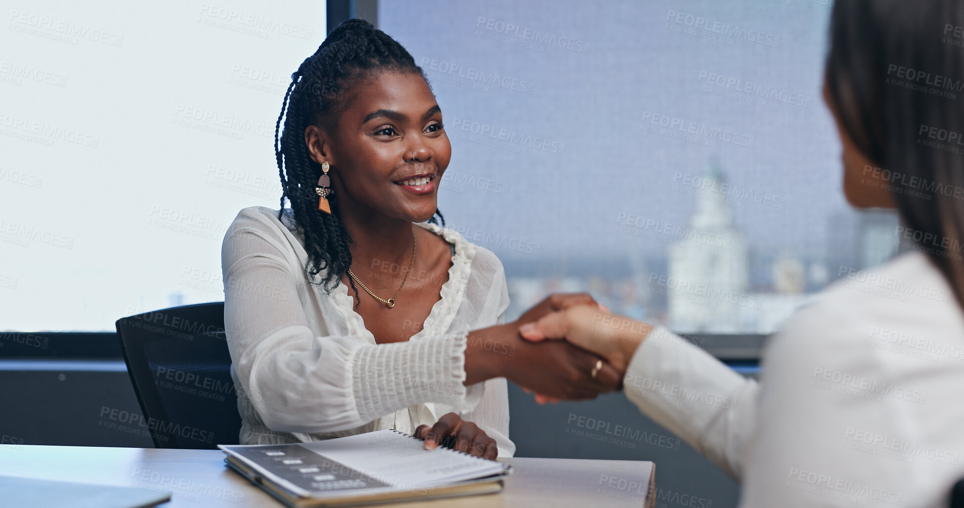 Buy stock photo Business, woman and handshake in job interview for welcome to meeting with smile, hr and thank you in office. African employee, client and shaking hands with documents for hiring deal and recruitment