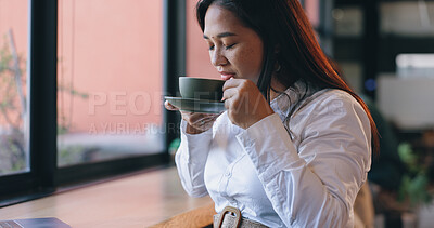 Woman, coffee and cafe with laptop, remote work and aroma for hot beverage, enjoy and freelancer. Happy, employee and technology for writing career, copywriter and working in creative industry
